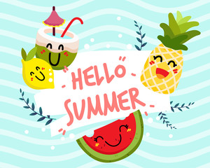 Hello Summer vector banner design with colorful fruits