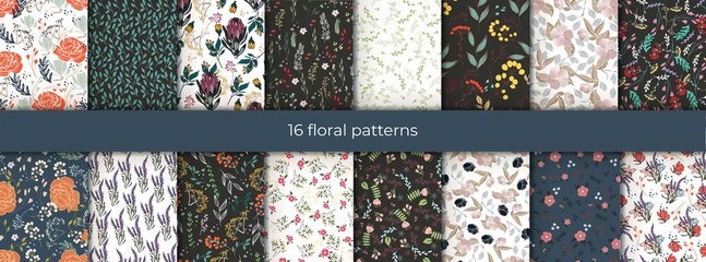 Set of vector abstract seamless simple floral patterns. Flower pattern. Spring pattern. Pattern for textiles or for cover. Wallpaper. - obrazy, fototapety, plakaty