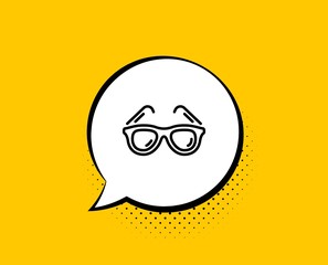 Travel sunglasses line icon. Comic speech bubble. Trip sun glasses sign. Holidays symbol. Yellow background with chat bubble. Sunglasses icon. Colorful banner. Vector