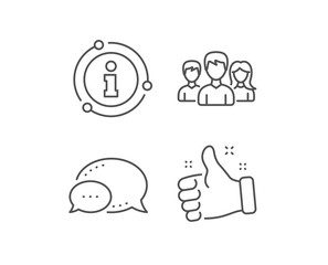 Group line icon. Chat bubble, info sign elements. Users or Teamwork sign. Male and Female Person silhouette symbol. Linear teamwork outline icon. Information bubble. Vector