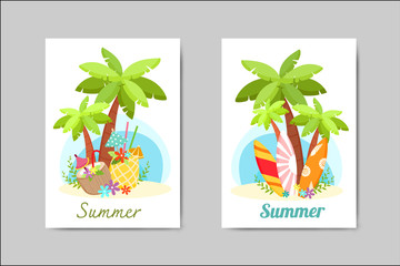 Summer banner card design with coconut tree pine-apple and surfboards