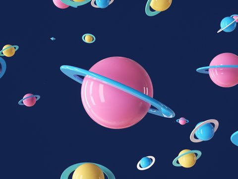 Colorful cartoon planet in blue deep universe.