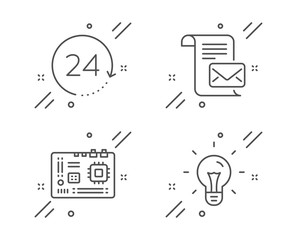 Mail letter, 24 hours and Motherboard line icons set. Idea sign. Read e-mail, Time, Computer component. Light bulb. Business set. Line mail letter outline icon. Vector