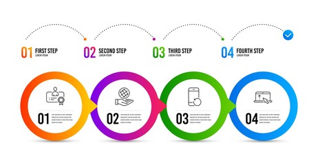 Obraz premium Recovery phone, Safe planet and Certificate line icons set. Timeline infographic. Swipe up sign. Backup smartphone, Ecology, Best employee. Scroll screen. Science set. Recovery phone icon. Vector