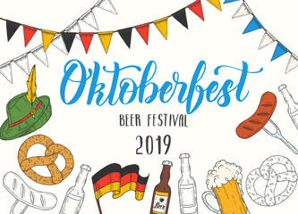 Oktoberfest celebration poster with hand drawn doodle and colored glass of beer, hat, flag garland, pretzel, sausage, flag on blackboard. Hand made lettering. Sketch. Oktoberfest design 