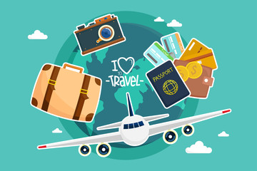Travel by airplane. World Travel. Planning summer vacations. Tourism and vacation theme. © Johnstocker