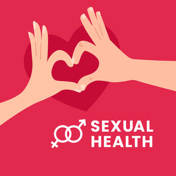 World Sexual Health Day vector illustration poster concept design. Couple man woman make love sign hand gesture with heart shadow background. Flat graphic design style banner template.