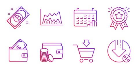Online market, Calendar graph and Wallet line icons set. Payment method, Trade chart and Bitcoin signs. Loyalty award, Loan percent symbols. Shopping cart, Annual report. Finance set. Vector