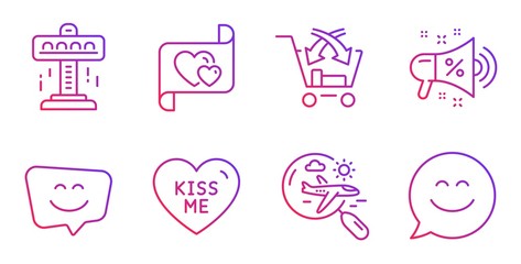 Attraction, Sale megaphone and Kiss me line icons set. Smile face, Cross sell and Search flight signs. Love letter, Smile chat symbols. Free fall, Shopping. Holidays set. Vector