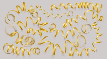 Set of realistic gold ribbons on grey background. Vector illustration. Can be used for greeting card, holidays, banners, gifts and etc.