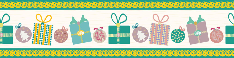 Cheerful Christmas border with hand drawn teal and dusky pink presents and baubles Seamless vector pattern on white background with gold doodle edging. Great for ribbons, banners, decorative tape