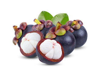.Mangosteen with leaf isolated on white background.