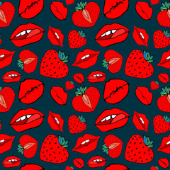 Hand drawn Seamless pattern symbol female. Comic style. Kiss lips and strawberry. Vector surface design isolated on grey background
