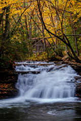 Fototapeta na wymiar Mill Creek Falls + Rustic Log Cabin - Waterfall in Autumn / Fall Forests - Appalachian Mountains - Kumbrabow State Forest - West Virginia