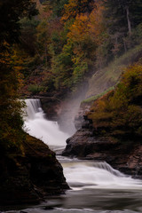 Fototapeta na wymiar Lower Falls + Gorge - Waterfall + Autumn/Fall Colors at Letchworth State Park - Finger Lakes Region of New York