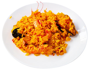 Plate of tasty seafood paella  with rice, mussels and shrimps