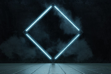 3d rendering of framed rotated square shape in blue neon light. Stamped on grunge wall and surrounded by smoke