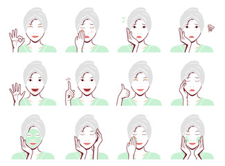 Young asian woman face vector illustration (just out of the bath) set / smile, troubled, acne, headache, cleansing, thumb up, ok sign etc. 