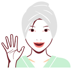 Young asian woman face vector illustration (just out of the bath) /open hand with smiling 