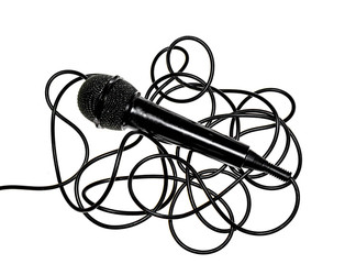Black microphone with black wire on a white background