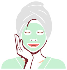Young asian woman face vector illustration (just out of the bath) / face pack, facial mask 