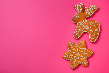 Fototapeta na wymiar gingerbread cookies (happy new year, christmas winter) top menu concept. food background. copy space
