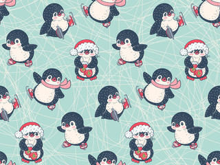 Seamless pattern with cute penguins