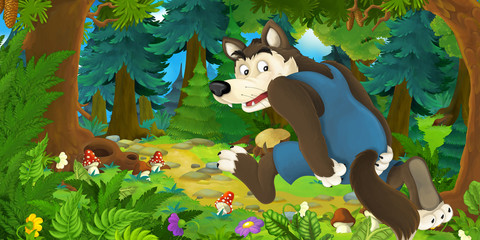 Cartoon fairy tale scene with wolf on the meadow in the forest - illustration for children © agaes8080