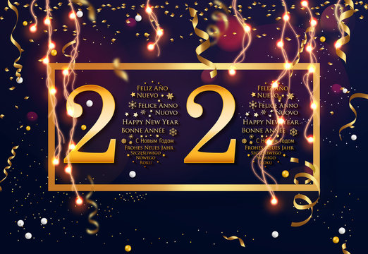 2020 New Year in Different Languages (Bonne Année, Frohes Neues Jahr, Feliz Año Nuevo, С Новым Годом, and Szczęśliwego Nowego Roku). Happy New Year greeting card. 2020 Happy New Year background.