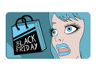 black friday card with surprised woman expression