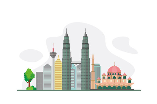 Malaysia Famous Landmarks Travel Flat Concept Vector Illustration