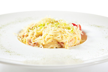 Delicious Spaghetti Carbonara with Grated Parmesan Cheese Isolated