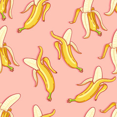 Vector Seamless Pattern of Cartoon Bananas on Pink Background