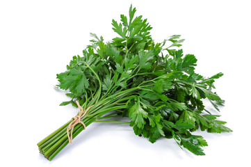 Bunch of fresh parsley isolated on a white background in close-up