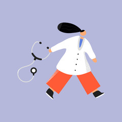 Going doctor with stethoscope hand drawn color illustration. Women in special clothes modern characters. Medical concept