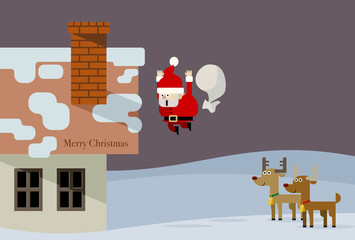 サンタが屋根から落ちているのをトナカイが見ているクリスマスカードデザイン