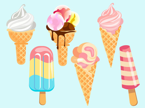 Set of 6 types of ice cream. In minimalist style. Cartoon flat vector