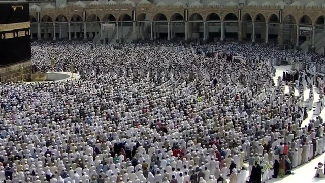 MECCA, SAUDI ARABIA,  September 2019 - Muslim pilgrims from all over the world gathered to perform Umrah or Hajj at the Haram Mosque in Mecca, Saudi Arabia, days of Hajj or Omrah