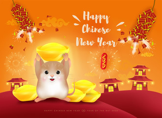 Happy New Year 2020. Cute little mouse with ingot. Chinese New Year. The year of the rat.