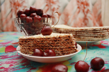 Home waffle cake and cherry