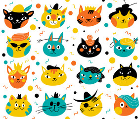 Vector seamless pattern for textile or wrapping paper with cute cats characters