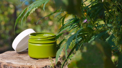 Cream medicinal cannabis hemp and leaf cannabidiol CBD. Herbal organic medicine cannabis CBD...