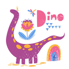 Kids style poster with cute Dinosaur brontosaurus and lettering.