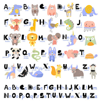 1Funny Alphabet for young children with names and pictures of animals assigned to each letter. Learning English for kids concept with a font in black letters in vector