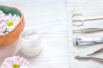 Obraz na płótnie Canvas oil and cream for nail care in spa