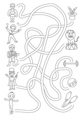 Coloring page. Activity page. Find the right path. Funny riddle. Education worksheet. Vector illustration.