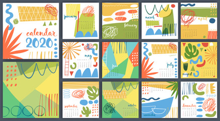 Fototapeta premium Hand drawn abstract vector 2020 calendar template multicolored.
