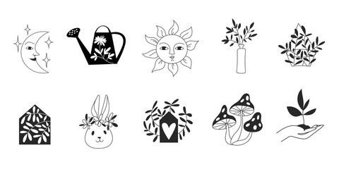 Logo templates in line art and silhouette design with nature elements.