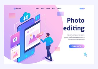Young man is editing his photos on a smartphone. The concept of content for social networks. 3d isometric. Landing page concepts and web design
