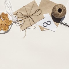 Top view minimalist wedding arrangement with copy space
